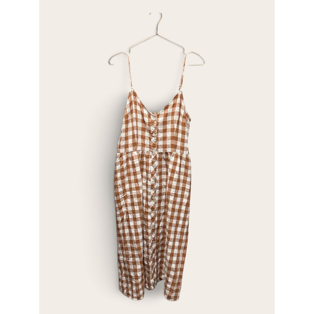 A New Day Brown Gingham Linen Blend Button Front Midi Dress Large Pockets